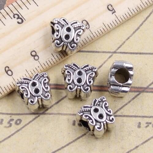 10pcs Beads Butterfly 4.5mm Big Hole Vintage Charms European Pendant Fit For Bracelet DIY Antique Silver Color Fit Making