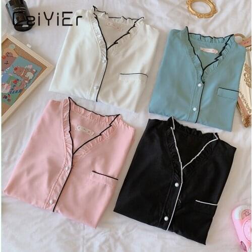 CAIYIER Autumn Women Solid Pajamas Set Cotton V-Neck Pyjamas Female Pijamas Soft Loose Girls Sleepwear Casual Winter Loungwear