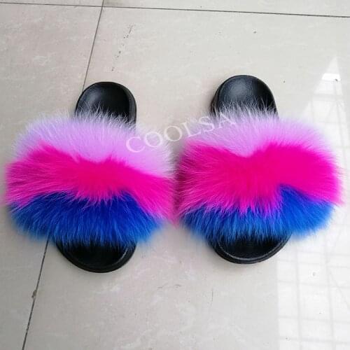 COOLSA New Arrival Ladies Rainbow Plush Slippers Real Fox Fur Fluffy Slides Womens Cute Furry Plus Size Shoes Beach Flip Flops