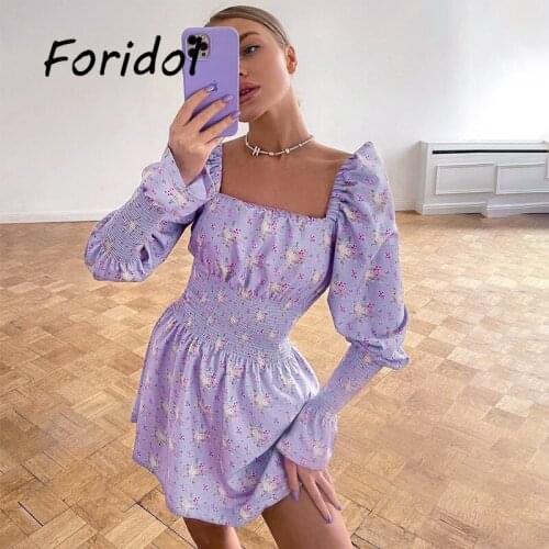 Elegant Floral Mini Dress Robe for Women Long Sleeve Purple Dress Office Ladies Spring Autumn Short Dress Flower Print Fashion
