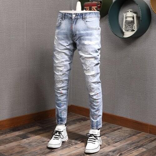 European American Street Fashion Men Jeans Elastic Slim Fit Destroyed Ripped Jeans Men Painted Designer Hip Hop Denim Punk Pants