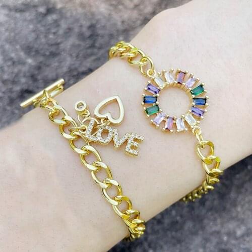 FLOLA Stone Love Heart Charm Bracelets For Women Gold Curb Link Chain Crystal Round Bracelet Bangle CZ Punk Jewelry Gifts brtd01