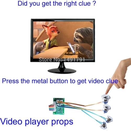 Room escape Takagism game Real Room escape prop video player press metal button to get video clues find puzzle via video clues
