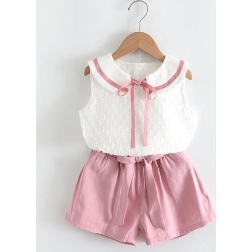 Girls Sets 2021 Summer New Childrens Wear Cute Girl Bow Doll Collar Sleeveless Shirt + Chiffon Loose Tie Shorts 2pcs Girl Set