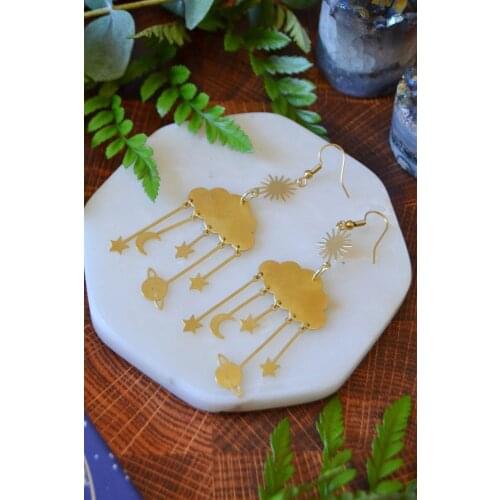 Brass Storm Cloud Hanging Saturn Planet Star Moon Sun Earrings/Dangle Constellation Earrings/Celestial Earrings/Bohemia & Hippie