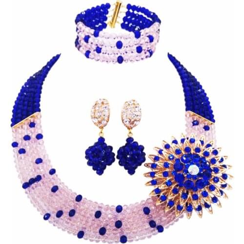 Fashion 5 Layers Royal Blue Peach Nigerian Wedding African Beads Jewelry Set Crystal Necklace Earrings 5L-ZJ015