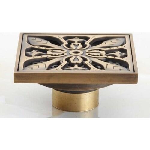 NEW Antique Brass Square Carve Flower Pattern Floor Drain Bathroom Shower Waste Washing Drain Grate ahr022