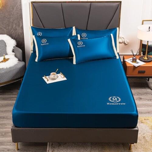 Summer Ice Silk Fitted Sheets With Elastic Mattress Cover Cool Satin Fabric Bed Sheet Pillowcase 3pc Set for Single Double Size