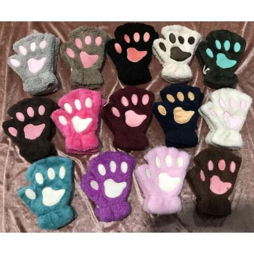 QCOOLJLY Cute Cat Paw Fluffy Claw Fingerless Gloves Warm Soft Plush Fingerless Panda Glove Half Finger Women Christmas Gifts