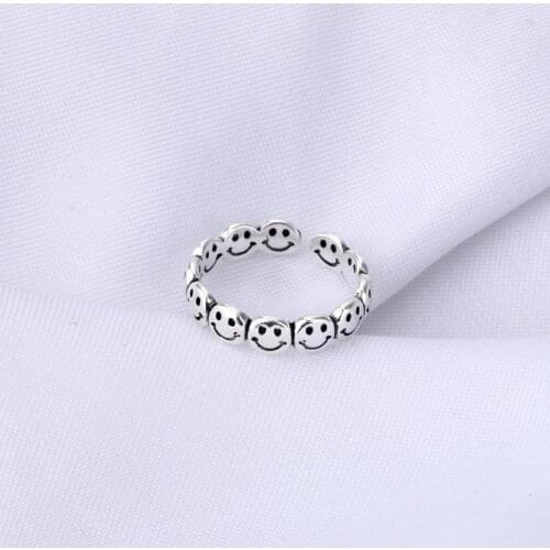 Vintage Ancient Silver Color Happy Smiling Face Open Rings for Women Punk Hip Hop Adjustable Ring Fashion Jewelry Best Gift