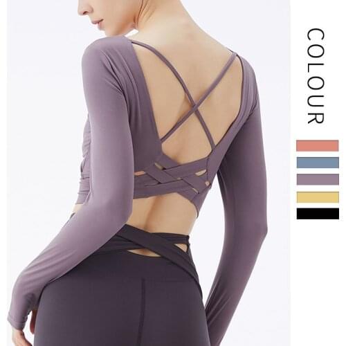 SALSPOR Women Yoga Shirts Solid Sportwear Longsleeve Cross Backless Fitness Sport Tops Trainning Running Gym Shirts Female
