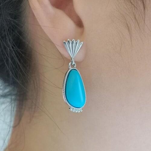 Shell Feather Teardrop Boho Enthnic Tribal Stone Dangle Earring Bohemia Drop Pendant Two Tone Blue Silver Color Vintage Jewelry