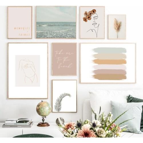 Modern Abstract Wall Art Poster Canvas Painting Beach Gallery Pictures Sexy Woman Line Art Prints Rainbow Sun Living Room Decor