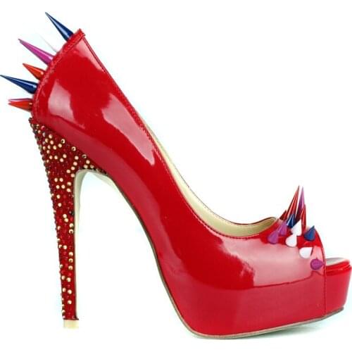 Red patent leather rivets studded high heel shoes sexy pee toe slip-on woman pumps fashion crystal embellished platform heels