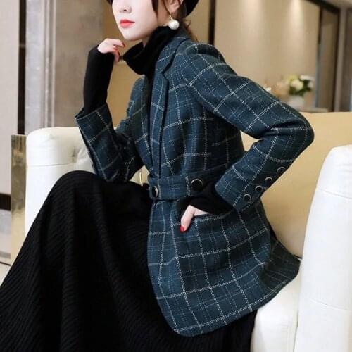 High-End Quality Autumn 2021 Dark Green Retro Plaid Woolen Jacket Women Suit Collar Coat Top Plus Size Outwear Sashes Female 5XL