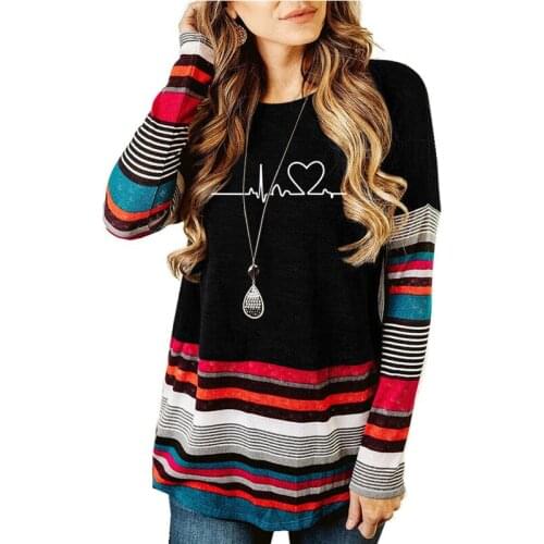 New Large Size Harajuku Love Printed Women T-shirts Casual long sleeve striped crew neck T-shirt sweater large women tops