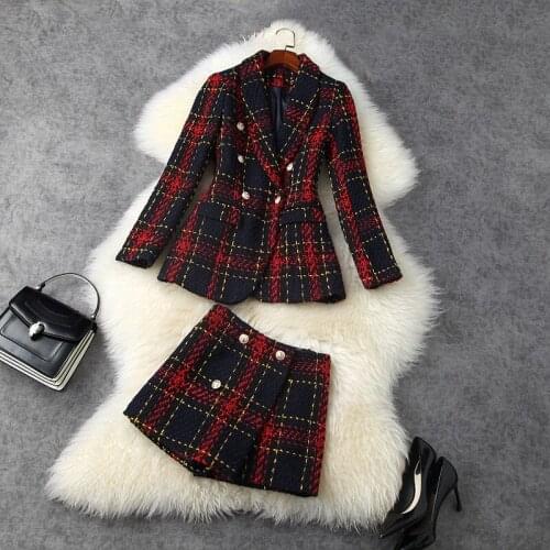 Luxury 2020 winter women red plaid tweed blazer suit double breasted jackets sexy shorts sets designer two piece outfits