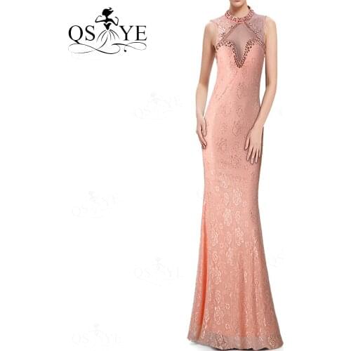 Stretch Lace Pink Evening Dress High Neck Mermaid Party Dress Open Low Back Formal Dress Beaded Crystals Women Long Gown
