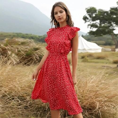 New Summer Women Vintage Dot Print Butterfly Sleeve Dress Ladies Ruffles Neck Chiffon Midi Dresses