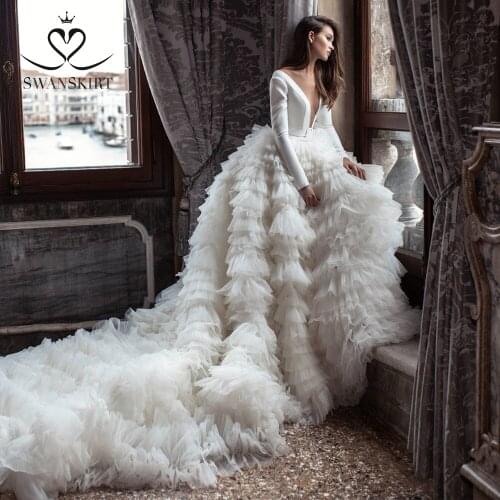 Romantic Long Sleeve Wedding Dress 2020 Ruched Tulle Ball Gown Satin Elegant Princess Bride SwanSarah I142 Vestido De Noiva