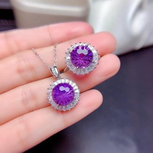 100% Natural And Real Amethyst jewelry set Natural Real Amethyst 925 sterling silver 1pc pendant,1pc ring