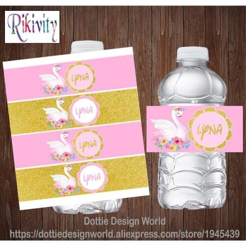 20pcs Custom Princess Swan Pink Gold Glitter Birthday Water Bottle Wine Labels Candy Bar Wrapper Sticker Baby Shower Decoration