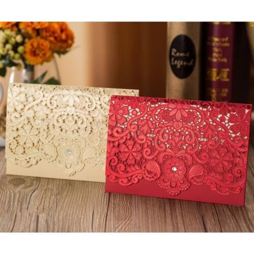 50pcs Gold Red Laser Cut Diamond Wedding Invitations Card Greeting Card Elegant Personalized Wedding Favor Event Party Supplies