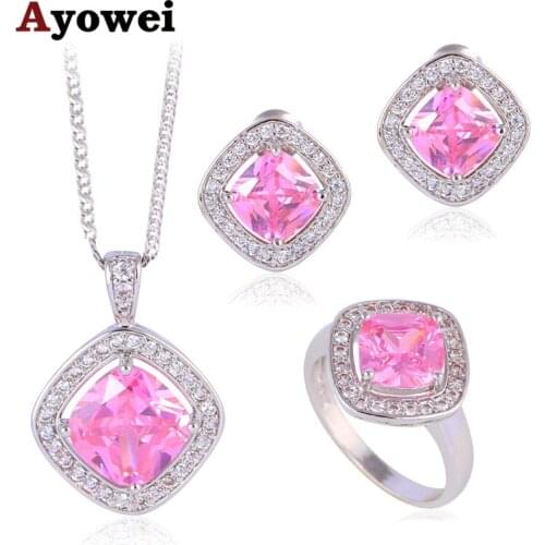 Ayowei Trendy Square Design Crystal Fashion Jewelry Set Silver Stamped Pink Zircon Earrings pendant Necklace Ring JS634A