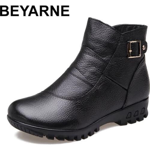 BEYARNE Fashion Winter Boots Women Genuine Leather Flat Ankle Warm Boots Woman Snow Comfortable Plus Size Boots Women Shoes