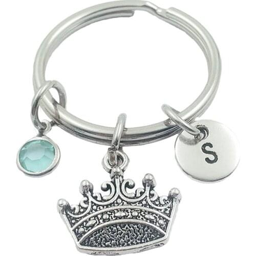 Crown King Initial Letter Monogram Birthstone Keychains Keyring Creative Fashion Jewelry Women Gifts Accessories Pendant