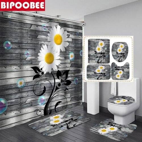White Flowers Barn Wood Shower Curtain Bathroom Curtains Floral Bubble Bath Mat Mildew Resistant Anti-slip Rugs Toilet Cover