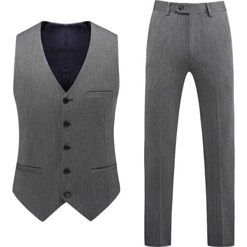 Two-Piece(Pants+Vest) Mens Striped Vest Suit Single-breasted Fashion Korean Slim Fit Casual Business Vest Trousers Suit Party