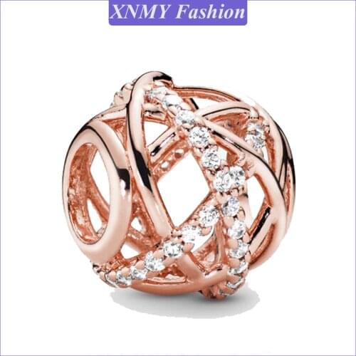 2021 New Original Rose Gold Color Openwork Line CZ Zircon Charms Beads fit European Pandora Bracelets Women DIY Jewelry