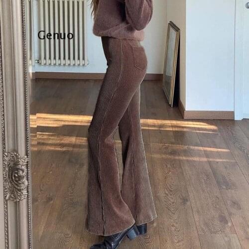 Autumn High Waist Brown Corduroy Pants Capris Casual Skinny Flare Pants Women Elegant Vintage Long Trousers Ladies