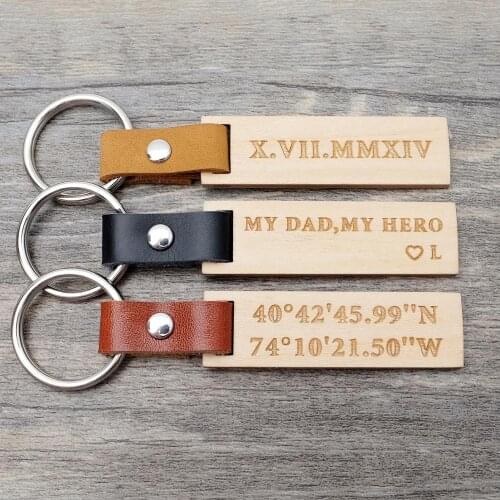 Personalized Wood Keychain,Engraved Wood Keychain,Leather Key chain,Coordinates Keychain,Gift for Him
