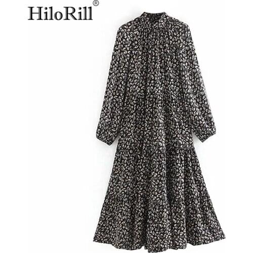 HiloRill Retro Loose Print Pleated Dress Batwing Long Sleeve Casual Midi Dress Women Stand Neck Vintage Autumn Dress Vestidos