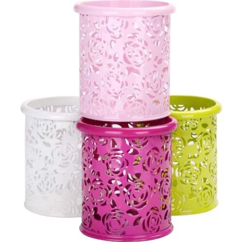 7 Colors Choose Hollow Rose Flower Pattern Metal Pen Pencil Pot Holder Organizer Pen Or Pencil Cases