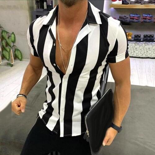 Casual Men Turn Down Collar Short Sleeve Vertical Stripes Buttons Slim Shirt Casual Slim Tops Tees Summer Fashion Shirt