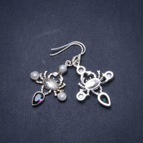 Natural Mystical Topaz and River Pearl Handmade Unique 925 Sterling Silver Earrings 1.75" X5001