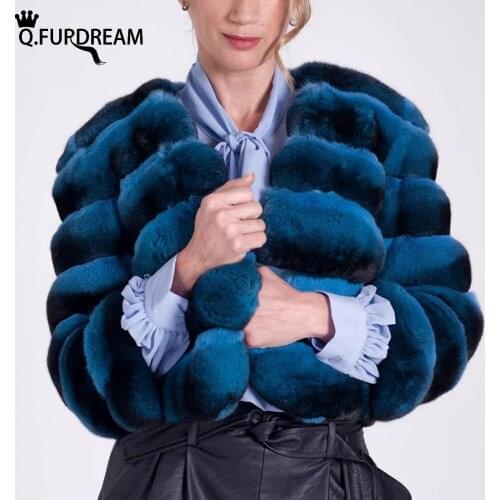 Q.FURDREAM 2021 Autumn Winter Short Style Real Rex Rabbit Fur Woman Coat V-Neck Fashion Luxury Warm Vest Stripes Outerwear