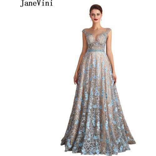 JaneVini Luxury Lace Prom Dresses Long A Line Cap Sleeves Sparkling Beaded Sheer Back Floor Length Evening Gowns for Women 2019