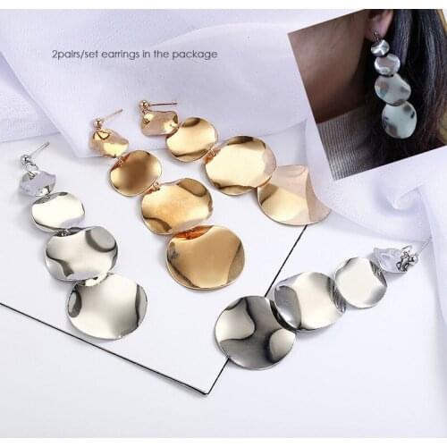 2pairs/set golden silver color long tassel stud earrings for women fashion round disc tassel earings for girls jewelry gift