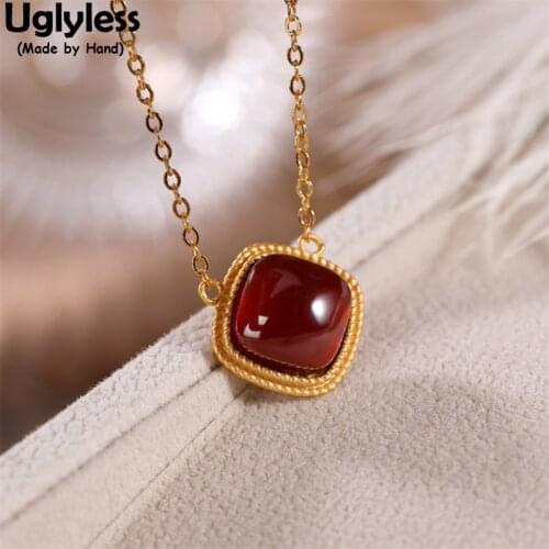 Uglyless Garnet Red Gemstones Square Chokers for Women Fashion Necklaces + Chains Minimalist MINI Geometric Pendants 925 Silver