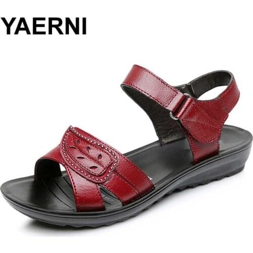 YAERNI Summer 2017 Genuine leather Wedges sandals women shoes Black Red color 35-41 size Back strap B760