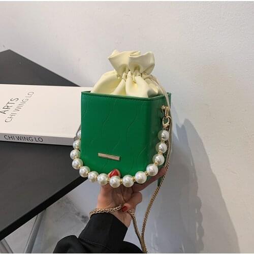 Pearl Beaded Chain Shoulder Bags for Women 2021 New Pu Leather Luxury Brand Handbags Female Drawstring Box Design Crossbody Bag