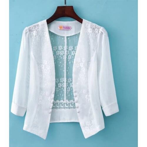 Plus Size 6XL Shawl Jacket Women 2021 Summer Wild Short Mesh Hollow Jacket Women High End With Dress Blazer Mother Temperament