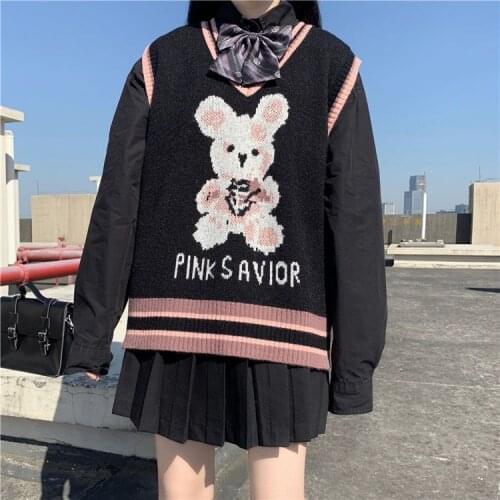 Women Sweater Vest 2021 Spring Korean Style Cute Rabbit Letters Casual Loose V Neck Sleeveless Pullover Knitted Waistcoat T565