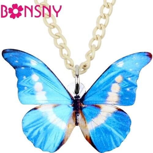Bonsny Acrylic Morpho Helena Butterfly Necklace Pendant Chain Choker Collar Spring Summer Insect Jewelry For Women Girls Gift