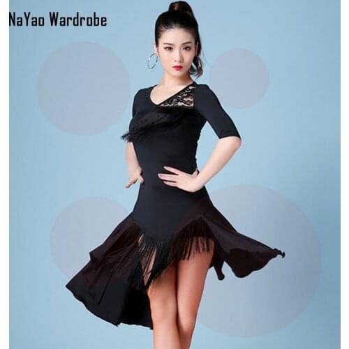 Latin Dance Dress Women Half Sleeve Lace Tassel Dress for Ballroom Samba Tango Chacha Dancing Performamnce SS021