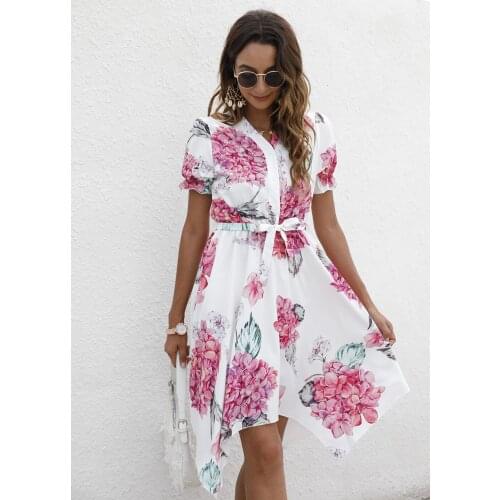 Women Robe Femme Summer Print Dresses Irregular Single-Breasted Bandage V-Neck Short Sleeve Y2K Dress For Woman Vestido De Mujer